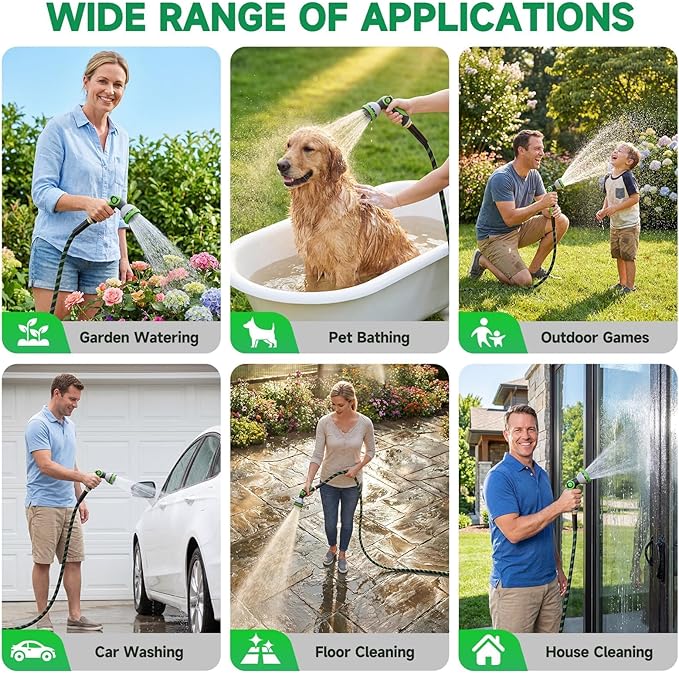Garden Hose 50 ft Water Hose Flexible Non-Expandable Outdoor Heavy Duty Lightweight Leakproof Kink-free flex Watering Hose Pipe with Nozzl for 3/4 inch Fitting Yard Lawn Outside Car Wash