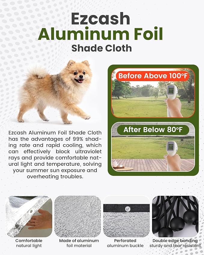 99% Aluminet Shade Cloth 6.5'x10' Aluminum Shade Cloth Heat Protection Reflective Tarp Aluminet Car Shade with Elastic Cord & Nylon & Rope Nails Suitable for UV Protection for Outdoor Use