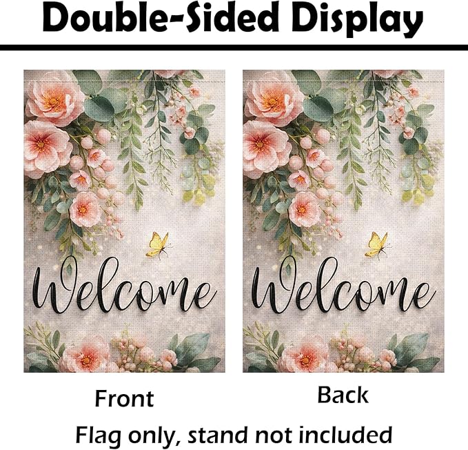 Heyfibro Spring Welcome Garden Flag 12x18 Inch Double Sided Butterfly Peony Eucalyptus Garden Flag Small Yard Flags for Outside House Farmhouse Seasonal Spring Outdoor Decorations