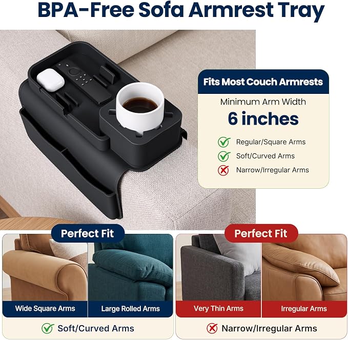 Silicone Couch Cup Holder Tray – Anti-Spill Non-Slip Sofa Armrest Organizer with Tablet & Phone Stand, Side Pockets, BPA-Free Dirt-Resistant Arm Tray for Drinks, Remotes, Snacks, Gifts (Black)