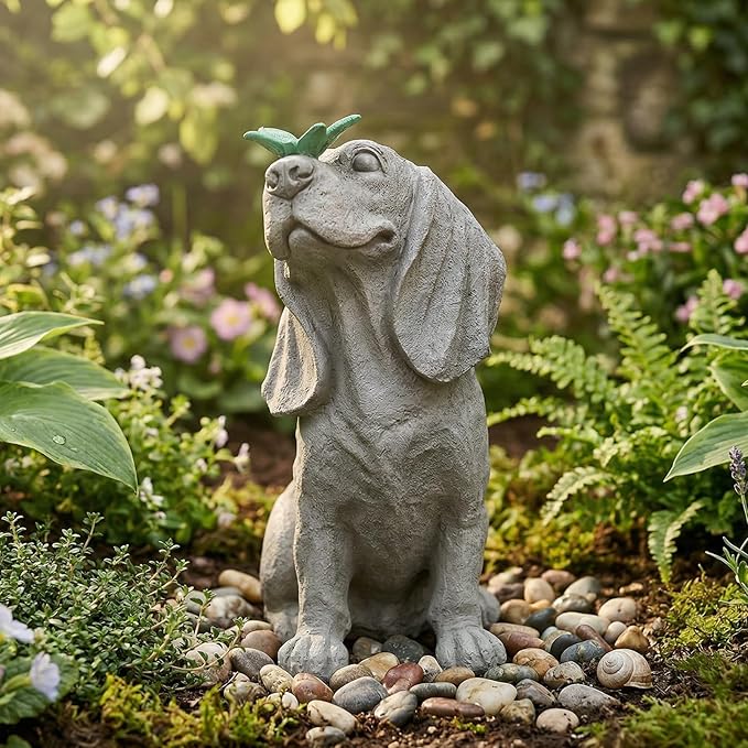 Garden Statue Dog Figurines - Outdoor Dog Statue with Solar Butterfly Lights for Patio Yard Art Decor Balcony Lawn Ornament, Ideal Housewarming Gardening Gifts for Mom