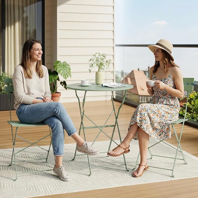 GarveeHome 3-Piece Foldable Bistro Set, Outdoor Patio Furniture with 2 Folding Chairs & 1 Table, Weather-Resistant Indoor/Outdoor Conversation Set for Patio, Green