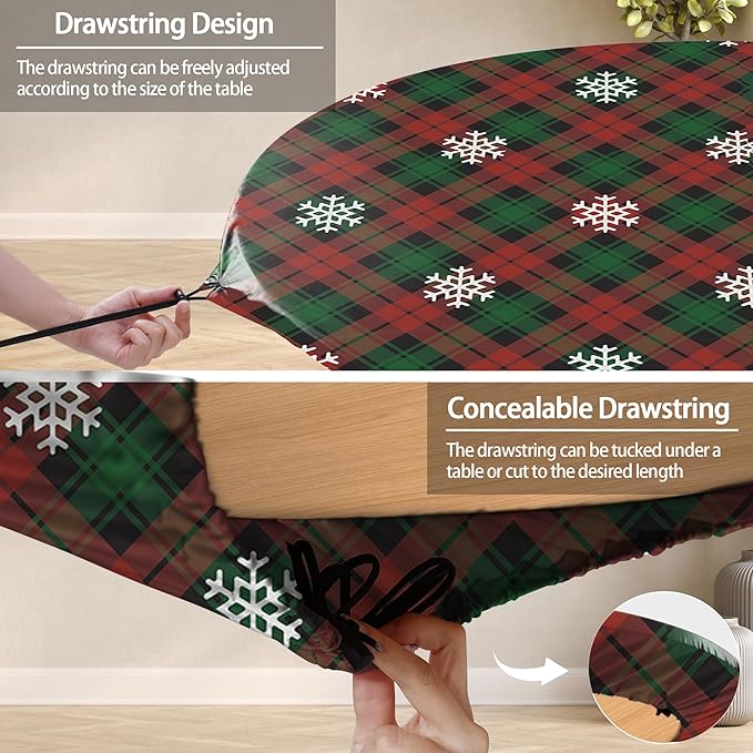 Fitted Christmas Round Tablecloth Waterproof Table Cloth Vinyl Indoor Outdoor Circle Cover for 36-44" Table Dining Living Room Kitchen Western Home Party Decor Gift Festival Family Essential