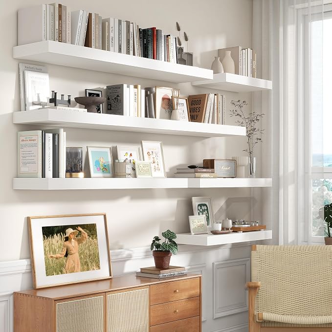 FLYJOE 72 Inch Floating Shelf, 12'' Deep White Shelves for Wall Set of 1