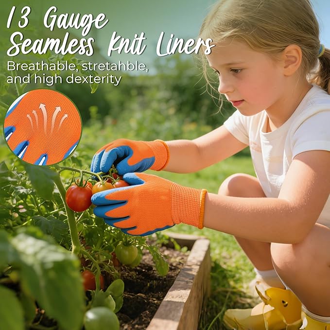 HANDLANDY 3 Pairs Kids Gardening Gloves, Micro-Foam Coated Children Toddler Garden Yard Work Gloves for Little Girls Boys (Size L, Blue Orange)