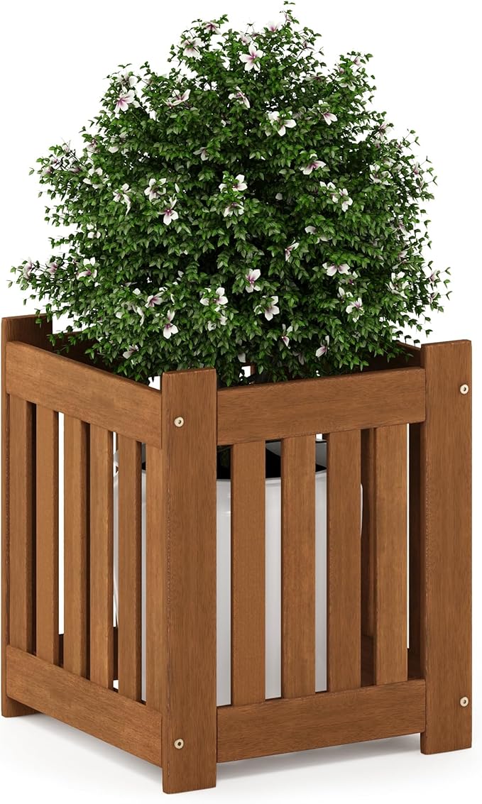 Furinno TIOMAN Planter Box, Hardwood Flower Box, Cube Garden Box, in Teak Oil, Outdoor Indoor, Garden, Patio, Balcony, Light Wood