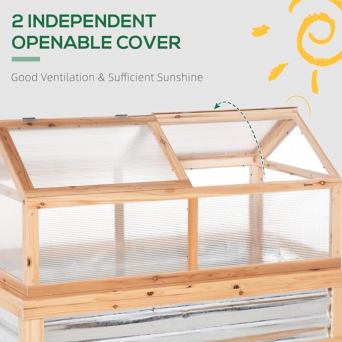 Raised Garden Bed with Polycarbonate Greenhouse, Wooden Garden Cold Frame Greenhouse, Flower Planter Protection, 48" x 24" x 32", Natural