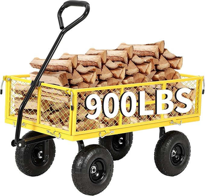 900 Lbs Heavy Duty Steel Garden Cart, Garden Wagon Cart on Wheels, Outdoor Metal Yard Utility Wagon Carts with and Mesh Removable Sides and 180°Rotating Handle,Yellow