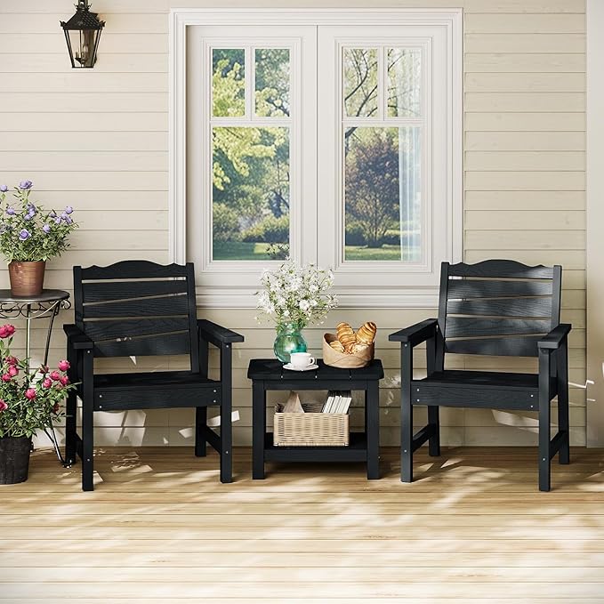 Patio Chairs Set of 2, Weatherproof HIPS Outdoor Dining Chair with Ergonomics Wide Seat, 400lbs Capacity Outdoor Chairs for Garden, Porch, Lawn & Backyard, Black
