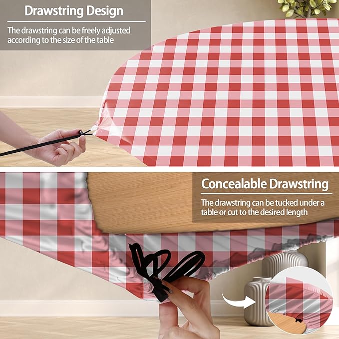 Fitted Round Tablecloth Non Slip Table Cloth Vinyl Inside Outside Circle Cover for 45-54" Tables Dining Kitchen Family Festival Kit Gifts Summer Fall Patio Picnic Glamping Vacation Equipment