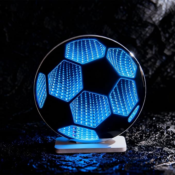 3D Soccer Infinity Mirror Light, LED Infinity Mirror Night Light with Endless Goal Tunnel Effect, USB Powered 3D LED Lights for Kids Sports Room & Game Room, Gift for Boys Fan, 9.1"