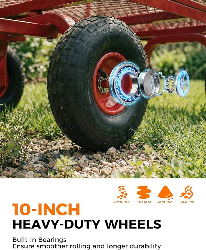 900 Lbs Heavy Duty Steel Garden Cart, Outdoor Metal Garden Wagon On Wheels, Utility Yard Cart with Mesh Removable Sides(Convert to Flatbed) and Removable Handle (to Wheel Barrow), Deep Red