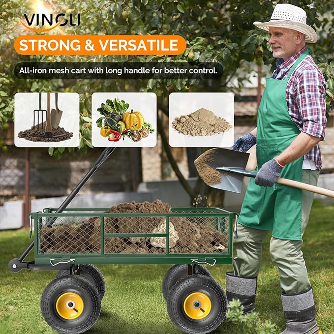 VINGLI Heavy Duty 800 LBS Mesh Steel Garden Cart, Detachable Utility Wheelbarrow, Yard and Garden Wagon Cart with Removable Sides and 10 Inch Wheels (Green)