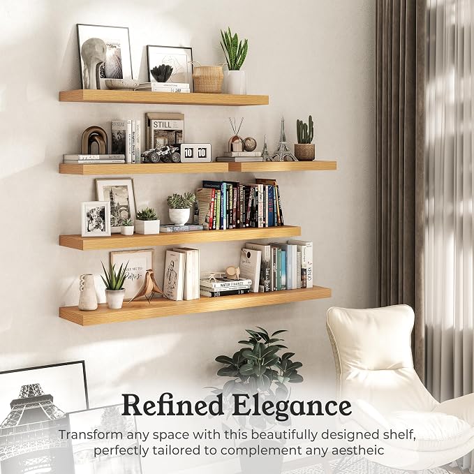 16" Natural Oak Color Floating Shelves Wood Wall Shelf, Set of 2 | Wall Mounted Wood Shelves, For Bathroom, Bedroom, Living Room, Kitchen, Hanging Shelf for Books/Storage/Room Décor