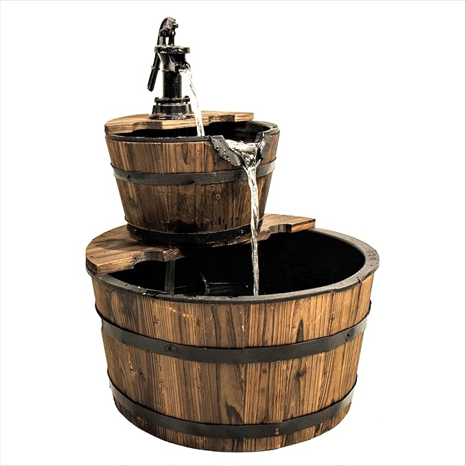 Backyard Expressions 2-Tier Cascading Barrel Fountain with Rustic Pump – Outdoor Water Feature for Garden, Patio, or Deck – Weathered Wood Look with Electric Recirculating Pump