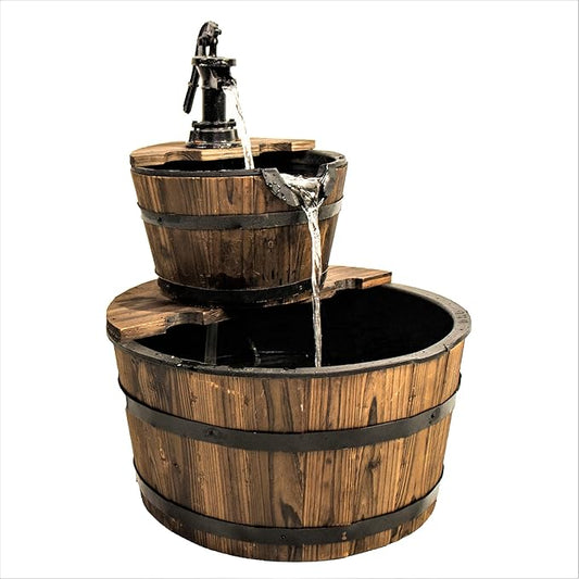 Backyard Expressions 2-Tier Cascading Barrel Fountain with Rustic Pump – Outdoor Water Feature for Garden, Patio, or Deck – Weathered Wood Look with Electric Recirculating Pump