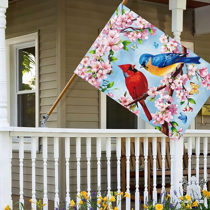 Heyfibro Spring Summer Cardinal Garden Flag 28x40 Double Sided Burlap, Bluebird & Cherry Blossom Flower Yard Banner for Rustic Seasonal Outdoor Decoration (ONLY FLAG)