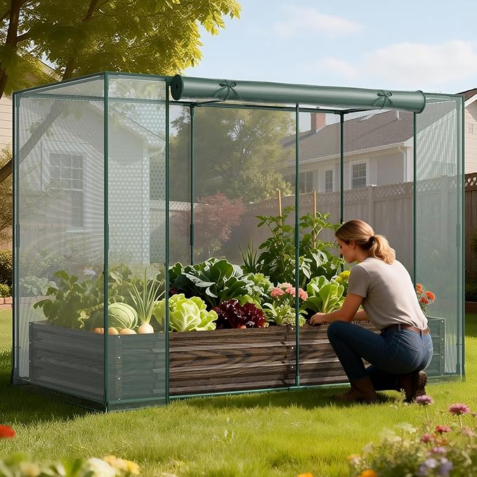 DoCred Crop Cage with Raised Garden Bed, 84.6" x 45.3" x 59" Plant Protection Tent Garden Cages with Window, 2 in 1 Galvanized Raised Garden Bed Kit and Mesh Cover for Garden, Yard, Lawn