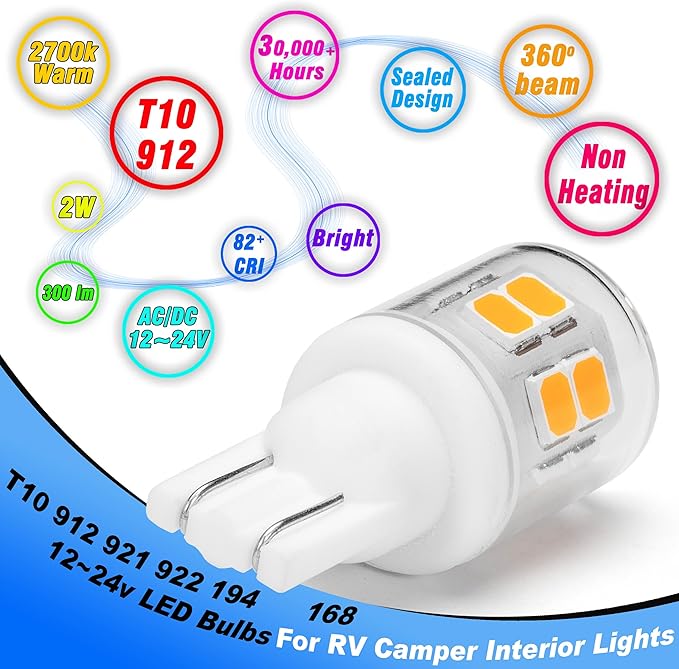 Heifymi 921 194 LED Light Bulbs 2W 2700K Warm White 300lm 12V-24V AC/DC T5 T10 Wedge Base 912 922 for Outdoor Landscape Deck Stair Step Path Lights RV Camper Travel Tailer Boat Marine Lights, 3 Pack
