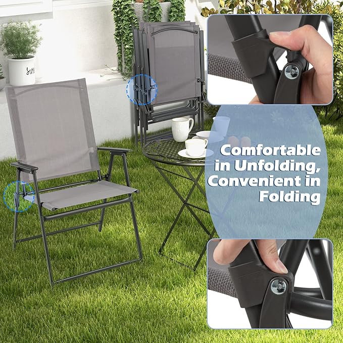 Tangkula Set of 2 Patio Folding Chairs, High Back Dining Chairs with Weather-Resistant Fabric, No Assembly, Outdoor Portable Metal Lawn Chairs with Armrests & Footrest for Garden