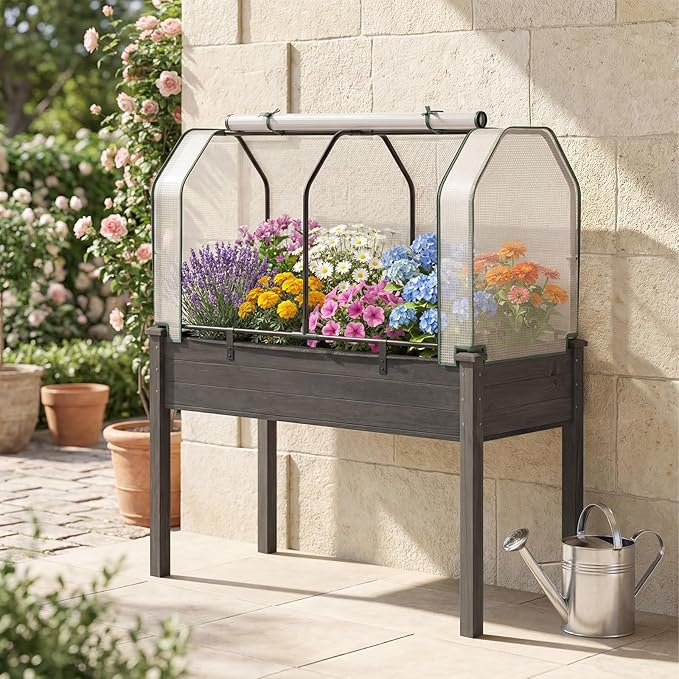 S AFSTAR Raised Garden Bed with Greenhouse Cover, Elevated Wooden Planter Box, 47”L x 24”W x 30”H, Outdoor Gardening Planting Bed for Vegetables Flowers & Herbs Grow Backyard Patio Lawn