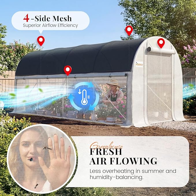 KING BIRD Premium 15x7x7 FT Greenhouse for Outdoors, Large Walk-in Heavy Duty Galvanized Steel Frame, Mesh Door Screen Window Tunnel Hoop Garden Plant Winter Hot House with Side Mesh&Shade Net, White