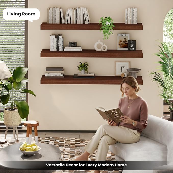 48 Inch Floating Shelves for Wall, Set of 3 | Wood Wall Mounted Shelves with Invisible Brackets, Rustic Farmhouse Long Shelf for Bedroom Living Room Kitchen (Walnut)
