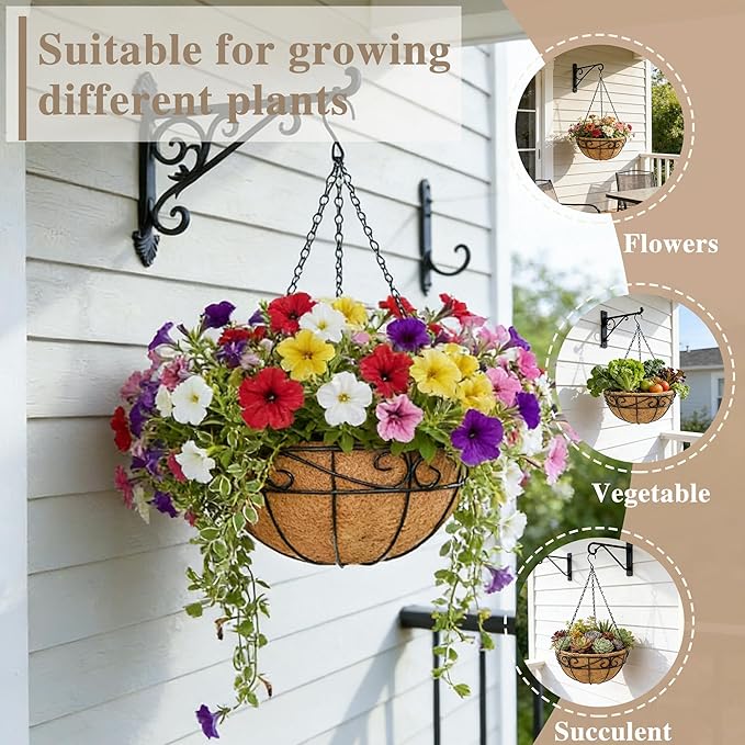 EIMQUVW 2 Pack Outdoor Patio Hanging Baskets 12 Inch Chain Link Round Metal Hanging Planters with Coco Liner Wire Flower Pots Suitable for Balconies Porches Gardens and Windowsills