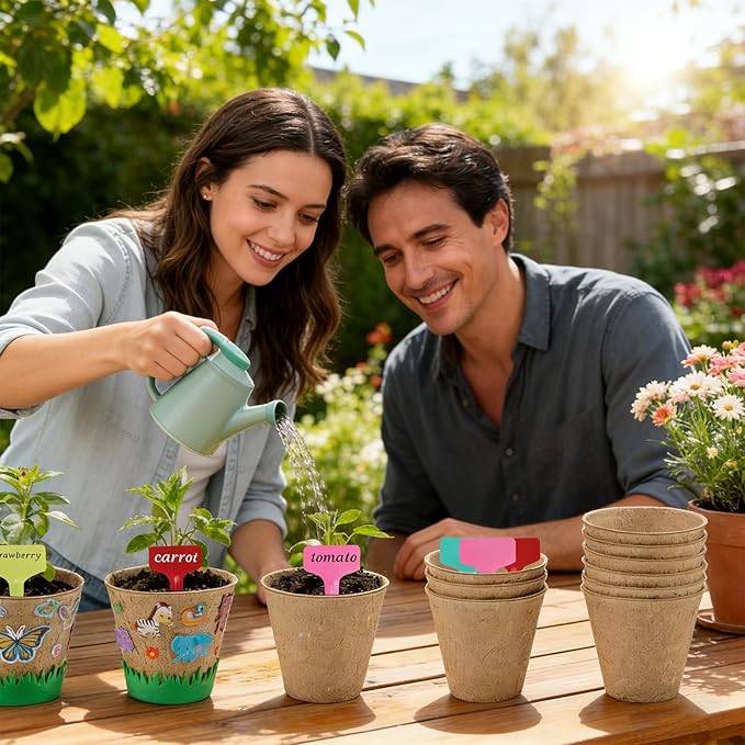 NNG 40 Set Garden Paper Pot Craft Kit,40Pcs Round Paper Mache Pots Peat Plant Pots with 400pcs Adhesive Foam Stickers & 40Pcs Pots Labels,Flower Plant Spring Craft for DIY Flower Planting