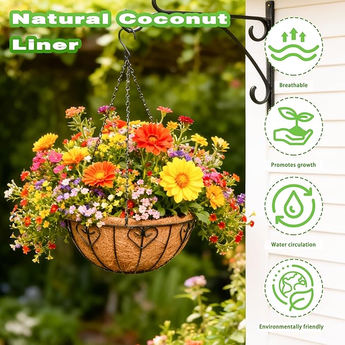 4 Pack 12 Inch Metal Outdoor Hanging Baskets Black Heavy Duty Hanging Planters with Coco Liners for Indoor Outdoor Plants Gardens Patios Terraces（Heart-Shaped）