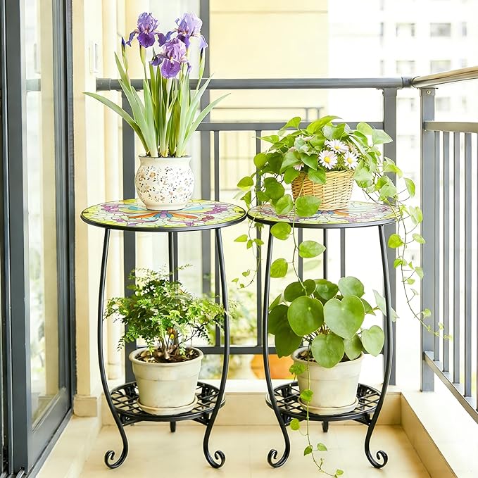 Arbuxzuy 2pcs Small Outdoor Side Table with Colorful Butterfly, Glass Mosaic Patio Table Indoor, Round Plant Coffee Table for Living Room, Balcony, Garden（Butterfly Style）