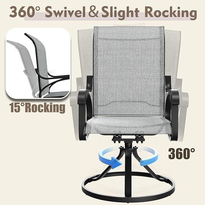 Patio Swivel Chairs Set of 4, All Weather Outdoor Rocking Chair with Textilene Breathable Back, Metal Frame, Patio Dining Chair for Backyard, Garde, Porch and Deck (4, Light Grey)