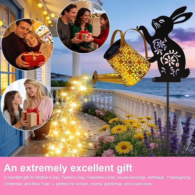 VOOKRY Solar Watering Can Lights Outdoor with Bunny Silhouette Stake, Garden Gifts for Mom, Women & Garden Lovers Waterproof Metal Garden Lantern, Decorative Yard Patio Lawn Pathway Decor(1 Pack)