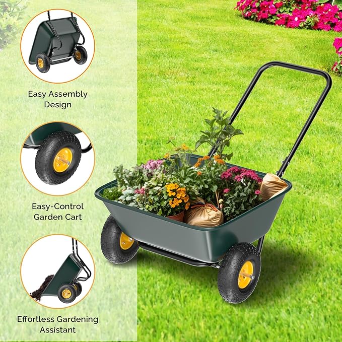 VINGLI 2 Wheel Wheelbarrow, Plastic and Steel Wheel Barrel, 330lbs Capacity Garden Cart for Lawn, Gardening, Construction