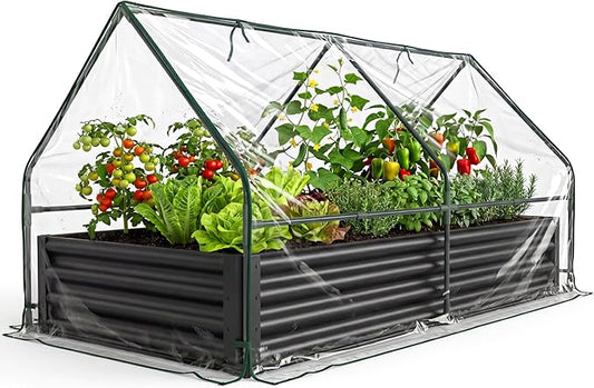 Raised Garden Bed with Cover, 8x4x1 Ft Raised Garden Beds Outdoor Galvanized Metal Planter Box with 2 Screen Windows, Mini Greenhouse for Vegetables and Flowers