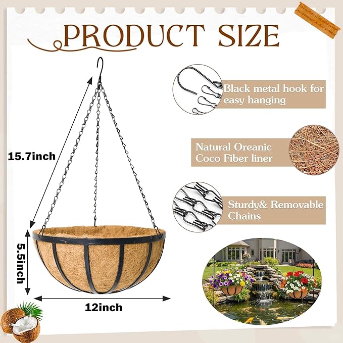 4 Pack 12 inch Metal Hanging Planters Basket Set Round Wire Plant Holder with Coco Fiber Liners Chain Indoor Outdoor Hanging Baskets for Garden Balcony Patio Deck Porch Vegetables Flower Plants