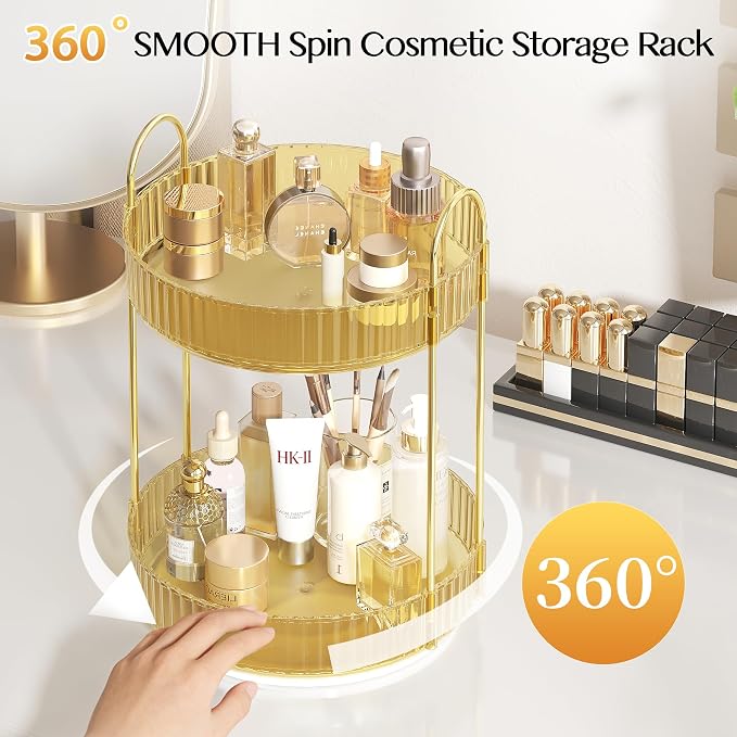 Rotating Makeup Organizer Countertop, 2 Tier, Gold
