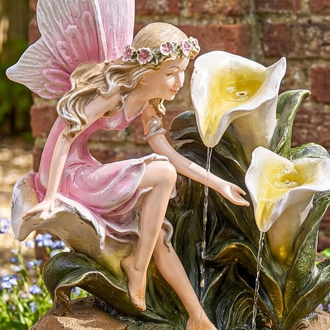 26-Inch Outdoor Water Fountain, Garden Flower Fairy Resin Waterfall Fountain with LED Light, Elegant Fantasy Outdoor Water Feature for Backyard, Lawn, Deck, Patio, Balcony in Pink, Gift Ideas