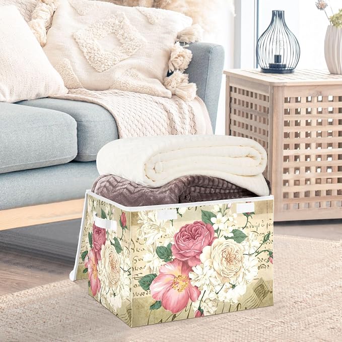 senya Flower Baskets Collapsible Storage Bins with Lids, Vintage Rose Floral Storage Boxes Clothes Baskets for Organizing