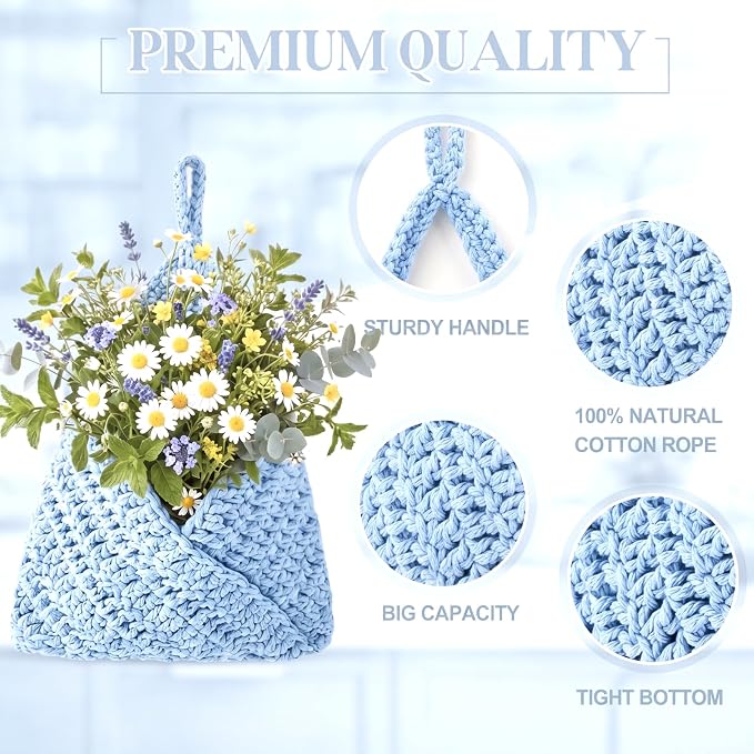 Honeydak 3 Hanging Baskets, Light Blue, Triangle, Cotton Rope | Wicker Wall Baskets with Hooks for Fruit Vegetable Onion Storage, Teardrop Organizer for Kitchen, Boho Farmhouse Decor