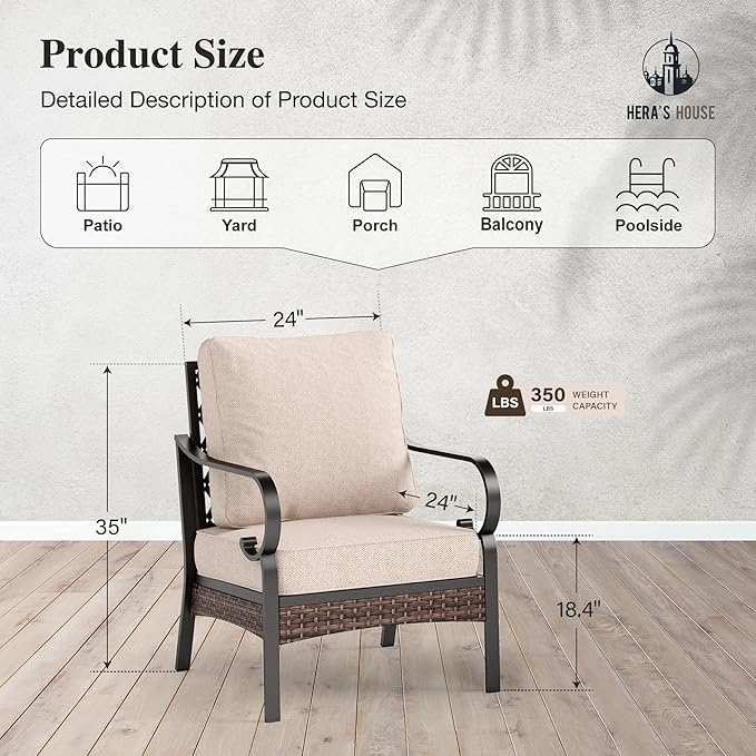 HERA'S HOUSE Patio Chairs Set of 2, High Back Outdoor Dining Chairs with Thick Cushions, All Weather Metal Frame Furniture for Garden, Backyard, Deck, Beige