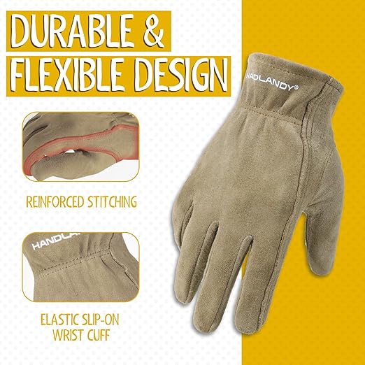 HANDLANDY Kids Genuine Leather Gardening Gloves for age 2-9, Children Work Gloves for Boys, Girls, Toddlers (Khaki, M)
