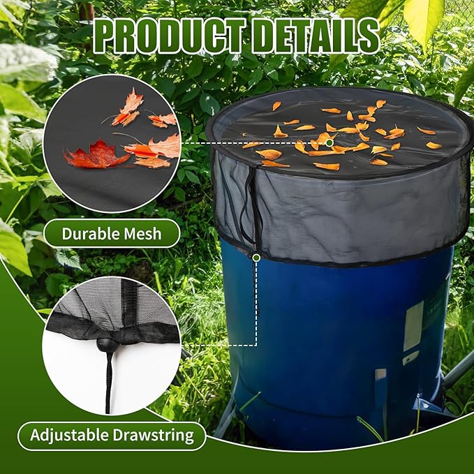 3PCS Pop Up Mesh Cover for Rain Barrels, Water Rain Barrel Netting with Drawstring Water Collection Buckets Tank Protector Cover Net for Preventing Fallen Leaves and Debris, 24.8 Inch