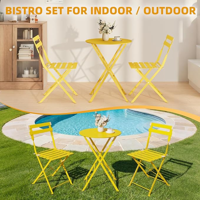 3-Piece Folding Bistro Set, 2 Chairs and 1 Coffee Table, Space Saving Weather-Resistant Frame, Portable Indoor/Outdoor Patio Furniture Conversation Set for Garden Porch Balcony Deck - Yellow