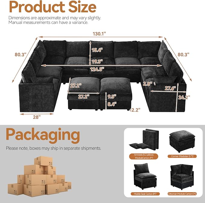 130" Oversized U-Shape Storage Sofa Modular Couch with 2 Ottomans,Black