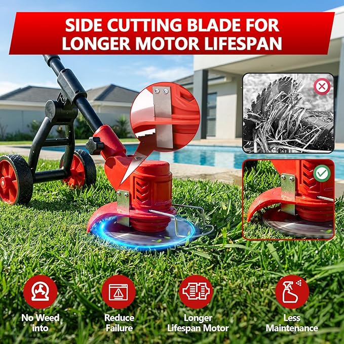Electric Weed Wacker Cordless with Wheels, 4-in-1 Weed Eater Battery Powered 4000mAh 21V, Brush Cutter/String Trimmer/Grass Trimmer/Lawn Mower with 3 Types Blades, Lightweight Garden Tool, 2 Battery