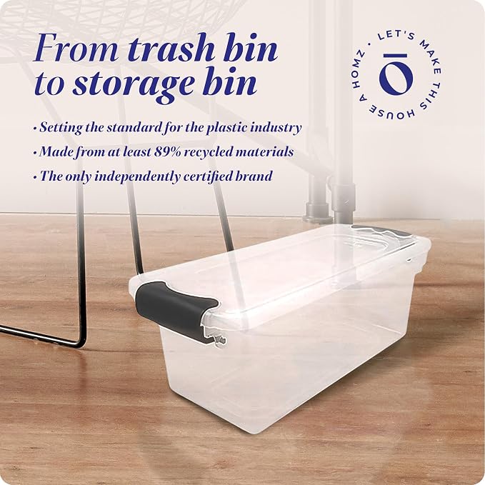 HOMZ Clear Plastic Storage Bins w/Latching Lid, 7.5 Qt, Gray Latch, 5 Pack
