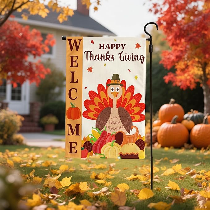 OHOME Thanksgiving Decorations - Welcome Garden Flag | Thanksgiving Decor Outdoor Outside - Friendsgiving Party Decorations Essentials Double-Side Backdrop Banner for Garden Porch Patio Lawn,12x18 Inch