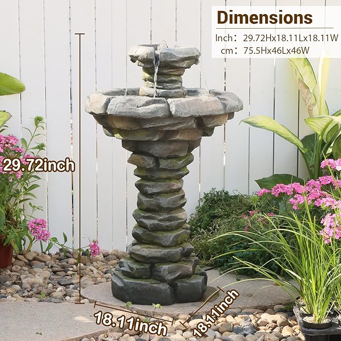 Sunlinua 29.7H Stone-Like Outdoor Water Fountain with LED Lights Italian Resin Garden Fountain for Patio Yard Weather-Resistant Cascading Waterfall Feature with Quiet Pump Elegant Backyard Décor