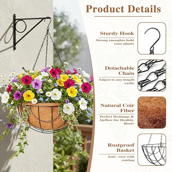 4 Pack Hanging Planter for Outdoor Plants 12 inch Metal Hanging Flower Basket with Coco Coir Liner Round Wire Plant Holder Chain Flower Pots Outdoor Garden Decoration Watering Hanging Baskets（DQ）